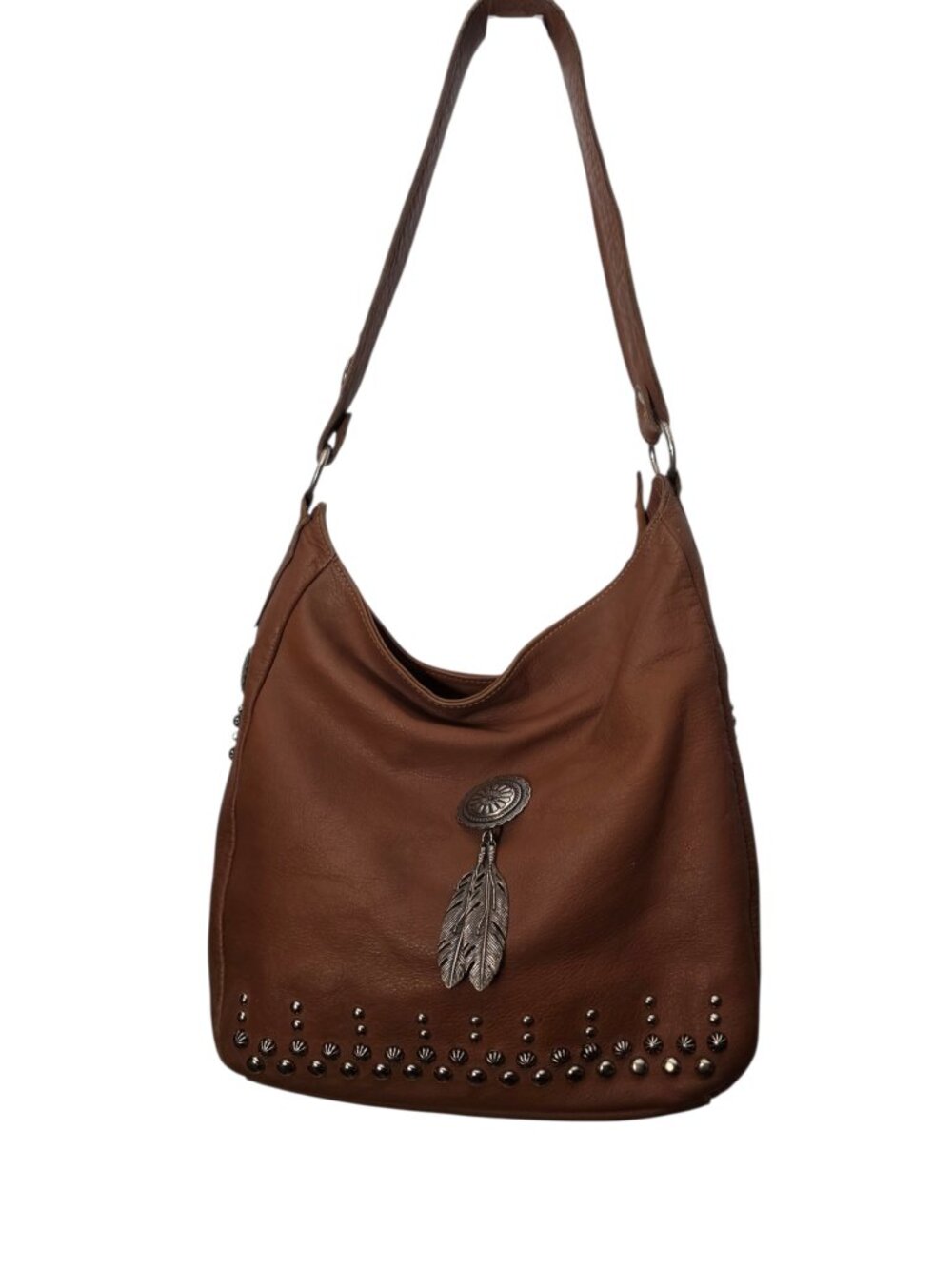 Vtg American West Tan Leather Slouchy Hobo Studded Western Feather Concho Large